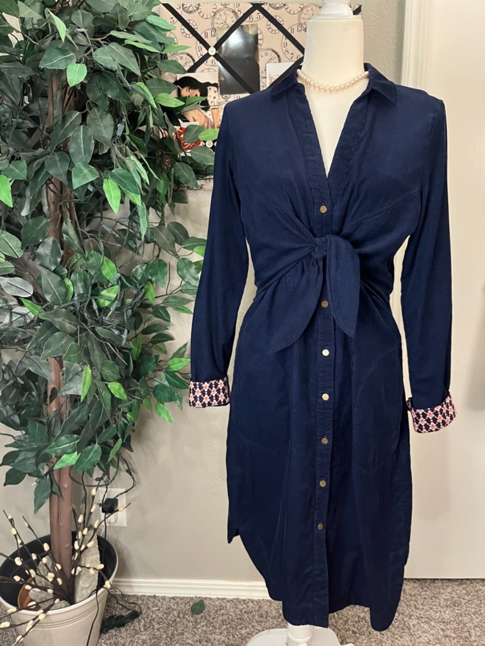 Anthropologie Navy Button-Front Tie-Waist Long Sleeve Dress